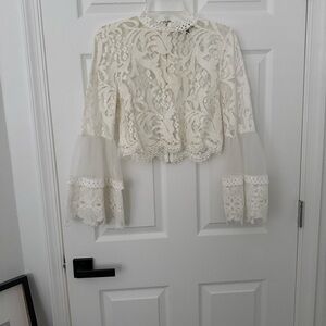 FASHIONOVA White Lace Crop Blouse with Sheer Bell Sleeves sz M